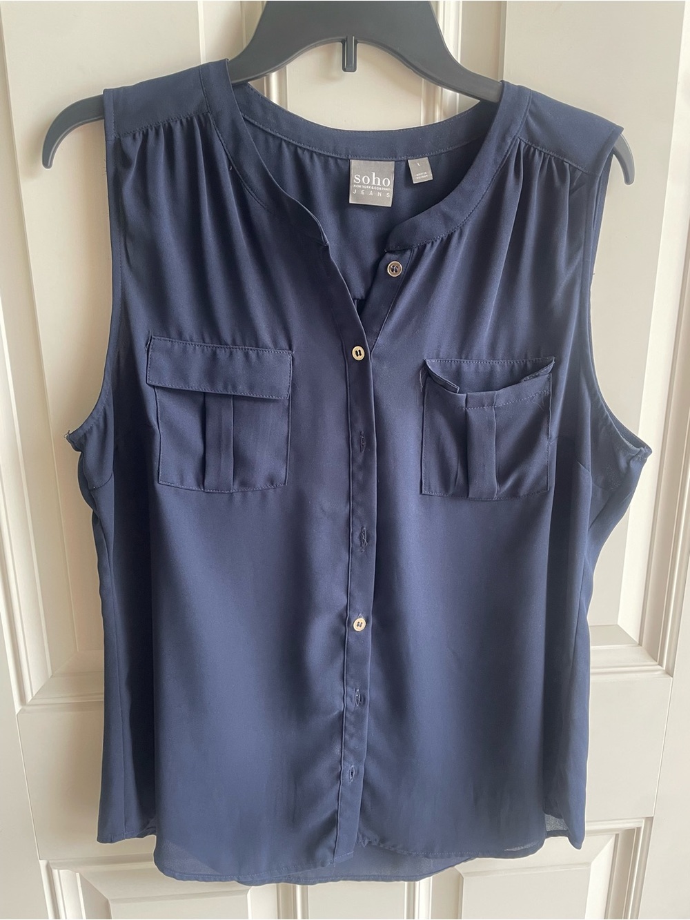 Soho Navy Sleeveless Button-Front Pocket Blouse